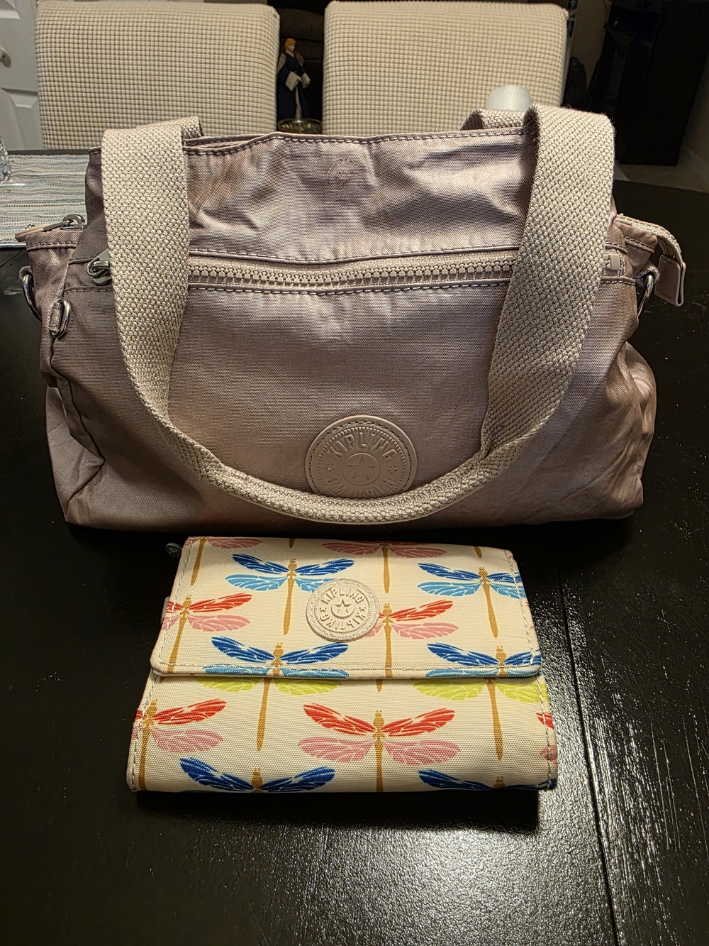 Kipling Elysia Metallic Rose Handbag With Dragonfly Wallet